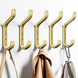 Chinpakden Wall Hook for Hanging Coats - Stainless Coat Hook 5 Pack Wall Mount for Backpack, Bag, Keys and Towel, Double Hook in Closet, Entryway, Door, Bathroom and Farmhouse, Hold Up to 22Lbs, Gold.