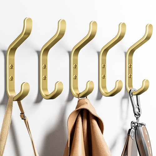 Chinpakden Wall Hook for Hanging Coats - Stainless Coat Hook 5 Pack Wall Mount for Backpack Bag Keys and Towel Double Hook in Closet Entryway Door Bathroom and Farmhouse Hold Up to 22Lbs Gold.