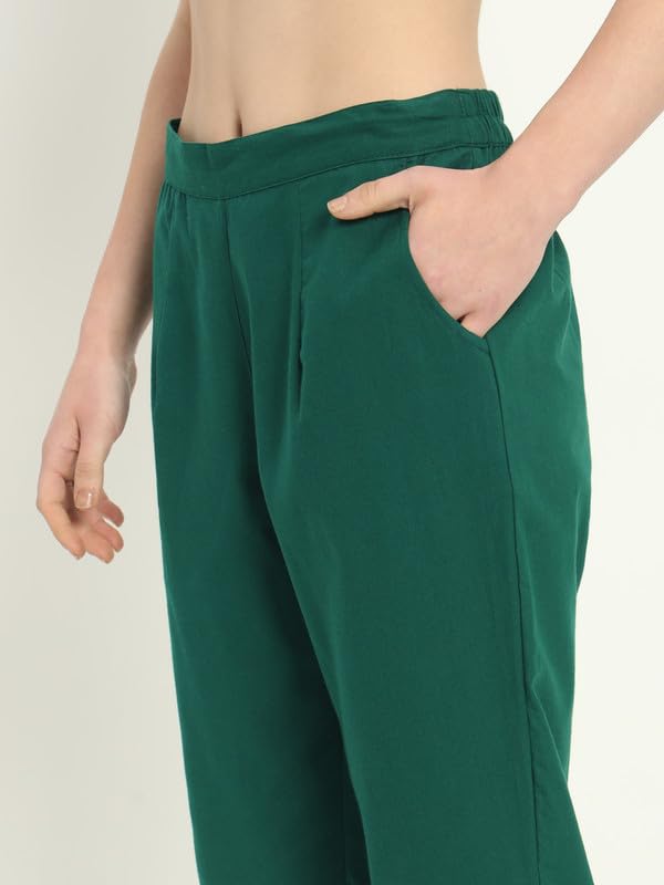 Image of Women's Solid Straight Fit 100% Cotton Trousers | High Waist, Side Pockets, Ankle Length Pants for Office, Casual