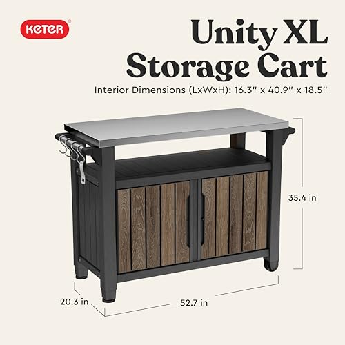 Image of Keter Unity XL Outdoor Entertainment Cart with Wood‑Look Finish, 78‑Gallon Patio Storage Cabinet, Food Prep Station, Stainless‑Steel Top for BBQ, Grill, Patio, Deck & Backyard, Walnut