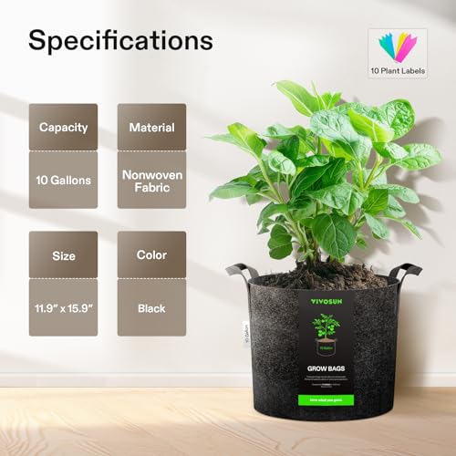 VIVOSUN 5-Pack 10 Gallon Plant Grow Bags, Series Thichkened Non-Woven Aeration Fabric Pots w/Handles - Reinforced Weight Capacity & Extremely Durable (Black)