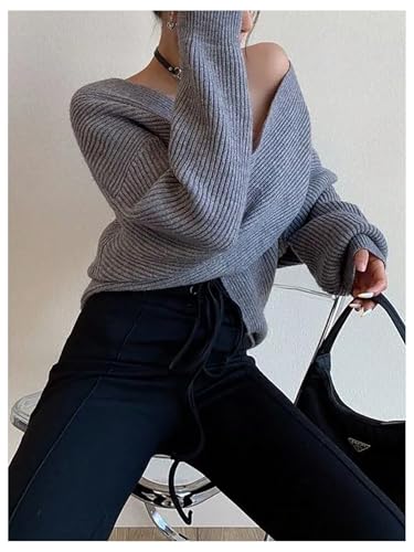 Verdusa Women's Criss Cross Wrap Sweater V Neck Long Sleeve Drop Shoulder Fall Knit Tops4