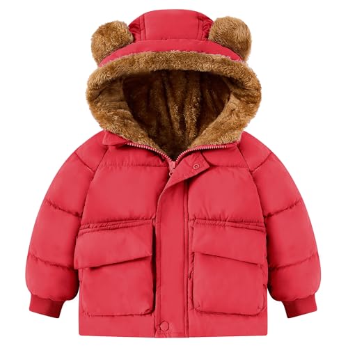 SFreeBo Baby Jacke Jungen Mädchen Kapuzen Reißverschluss Fleecejacke Kinder Niedlich Bärenohren Winterjacke Mantel Rot 2-3 Jahre