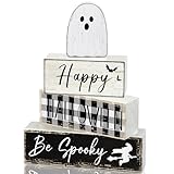 Yalikop Halloween-Holztablett, rustikale Tischdekoration, Geister-Tischdekoration, Tischdekoration, Holzblock-Schild für Party, Zuhause, Schreibtisch (Halloween-Geist), 4 Stück