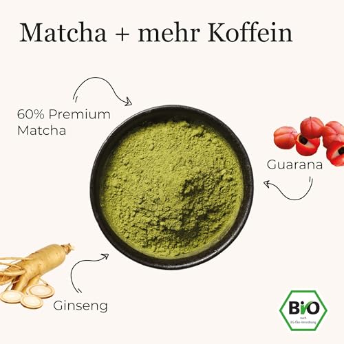 Bio Energy Matcha+, Matcha-Mix mit Guarana Pulver, Ginseng Pulver und 60 % Bio Premium Matcha aus Japan für einen natürlichen Start in den Tag, 80g