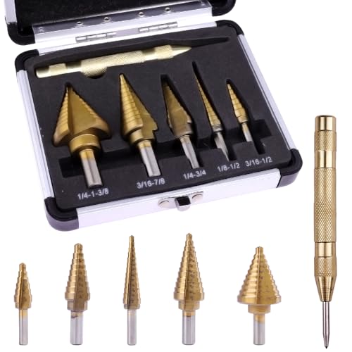 6 Piezas Brocas Escalonadas Conicas de Titanio HSS 4241, Broca Escalonada para Metal, Tamaños 4-12mm / 3-13mm / 4-20mm / 5-35mm / 4-32mm para Perforar Acero Inoxidable, Madera, Plástico y Metales