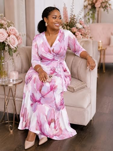 Image of SUZONANA Plus Size Dresses for Women Floral Print Maxi Dress Flowy 3 /4 Sleeve with Belt