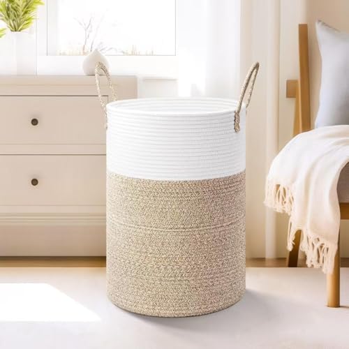 Laundry Basket Woven Cotton Rope Large Laundry Hamper Sorters Versatile Storage for Dirty Clothes Baby Toys and Blankets in Bathroom Nursery and Living Room (60L)