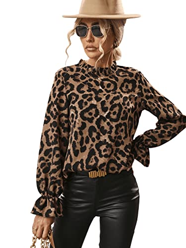 Floerns Women's Leopard Print Elegant Long Sleeve Frill Trim Mock Neck Blouse Tops3