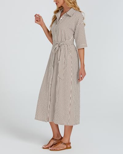 Women's Half Sleeve Plaid Midi Dress Collar V Neck Belted Casual Button Down Long Loose Dress3