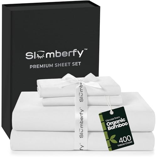 Image of Slumberfy 4-Piece 400 TC Viscose Derived from Bamboo Sheets, Cal-King Size - 1 Fitted, 1 Flat, 2 Pillow Cases - Deep Pocket Cooling Viscose-Bamboo Bed Sheets in Magnetic Closure Gift Box, White