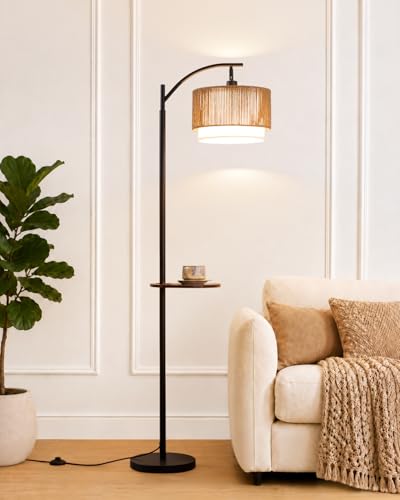 PESRAE Rattan Floor Lamp for Living Room with Side Table Farmhouse Arc Floor Lamp with 3 Color Temperatures and Rattan & Fabric Lamp Shades Boho Standing Lamp for Living Room Bedroom Corner