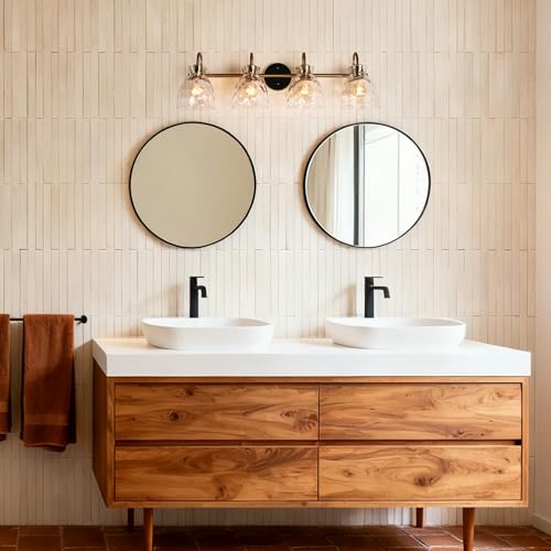 Image of KSANA Bathroom Vanity Lights, Mid-Century Modern 4 Light Bathroom Light Fixtures Black and Electroplated Copper Vanity Lights with Water Ripple Glass