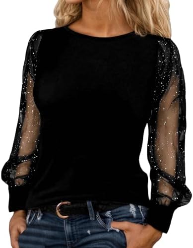 Plus Size Mesh Top Long Sleeve Shirt for Women Contrast Crew Neck Casual Blouse Comfortable Stretchy Work Office Tunic