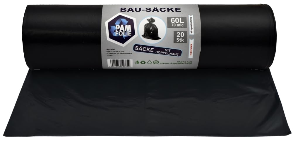 Pam-Folie Black, 60L/70Μm Bin Bags, 60 L, Pack Of 20, Extra Thick, Strong Waste Bags, Professional, 60 X 70 Cm, 70 Μm, Black Bin Liners, Rubble Bags, Bags For Rubble Waste