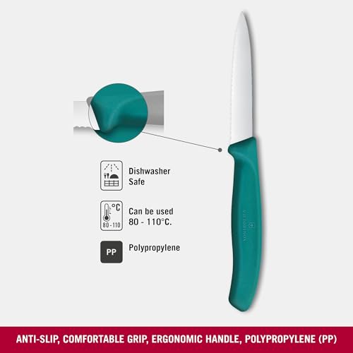 Image of Victorinox Swiss Made, Stainless Steel Swiss Classic Paring Knife, 8 cm, Wavy Edge with Pointed Tip, Professional and Household Use, Kitchen Tools & Items, Green, 6.7634.C1 | Multipurpose Knife