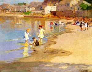 Peinture à l'huile At the Beach 2 Potthast, tableau souvenir de vacances mer 12x16 pouces