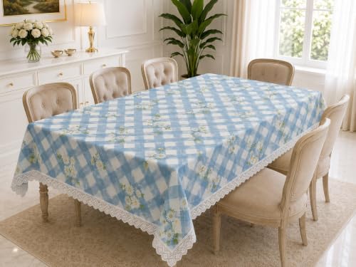 Image of Amazon Brand - Umi Cotton Tablecloth for 6-8 Seater Dining Table, Blue Gingham Check Daisy Floral Print Rectangular Table Cover with Lace Trim 4 Corners, Farmhouse Cottage Style Washable Table Linen