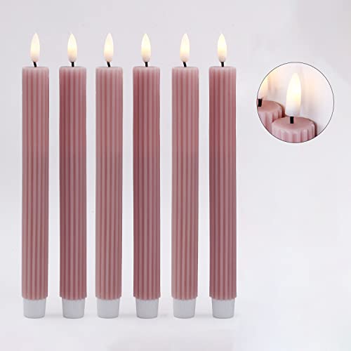 Real Wax Led Taper Candles, Pink Striped Flameless Candlesticks Flickering For Wedding Decorations, Battery Operated 6 Pack 10 Inch #TOP10
