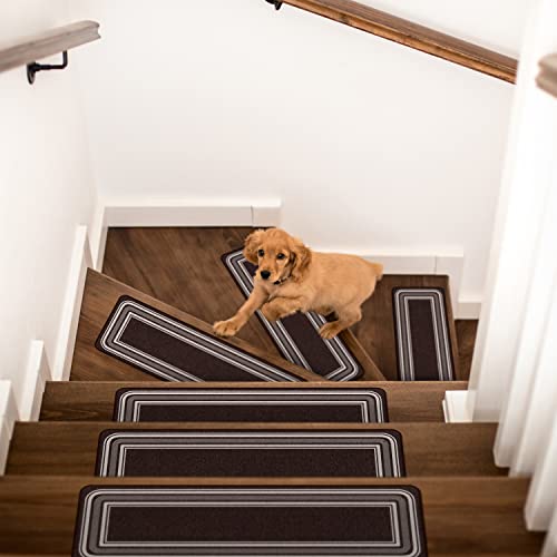 Beverly Rug Stair Treads For Wooden Steps, Bordered Design Non Slip Stair Treads Indoor, Stair Treads Carpet, Set Of 15, Brown, 8.5"X26" #TOP4