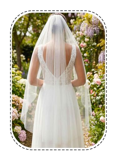 HEREAD 1 Tier Bride Wedding Veil Fingertip Length Short Bridal Tulle Veils with Comb and Cut Edge (White 39.4)
