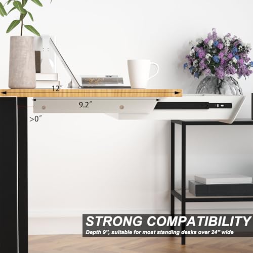 Image of White Large Under Desk Mounted Sliding Drawer with 2 Cable Hole and 60 Degree Tilt Panel to Pull Out, 22.4'' Long & 9.2'' deep Large Storage Organizer for Sit Stand Workstation