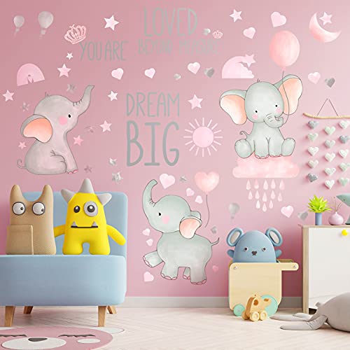 Dream Big Little One Elephant Wall Stickers Baby Room Wall Decals Moon Hot Air Balloon Grey Stars Wall Decals For Nursery Kids Room Living Room Bedroom Decorations Home Decor (Cute Style) #TOP6