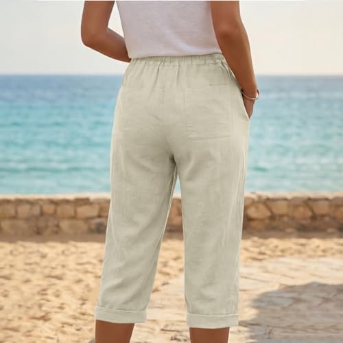 Pantalones capri para mujer de algodón y lino rectos 3