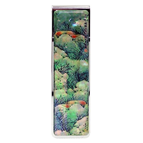 Mother of Pearl Apricot Flower House Painting Green Slim Stainless Steel Metal Money Clip Holder2