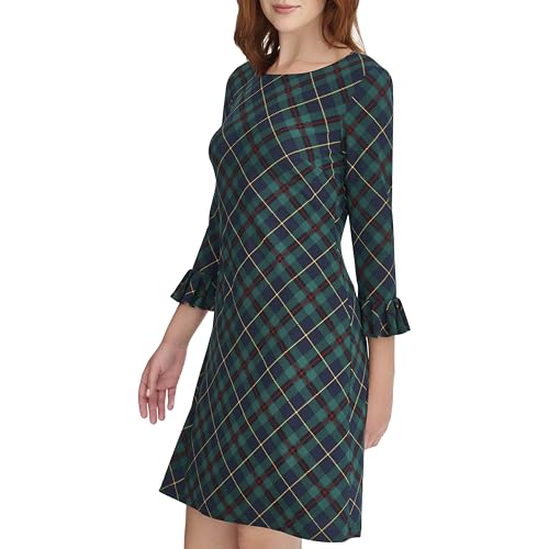 Image of Tommy Hilfiger Women's 3 /4 Ruffle Trim Sleeve Round Neck Jersey Shift Mini Dress