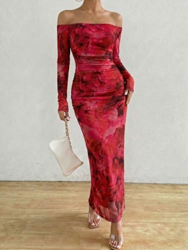 Image of LIGHT DOT Women's Printed Off Shoulder Maxi Dress Long Sleeve Bodycon Ruched Mesh Cocktail Dress