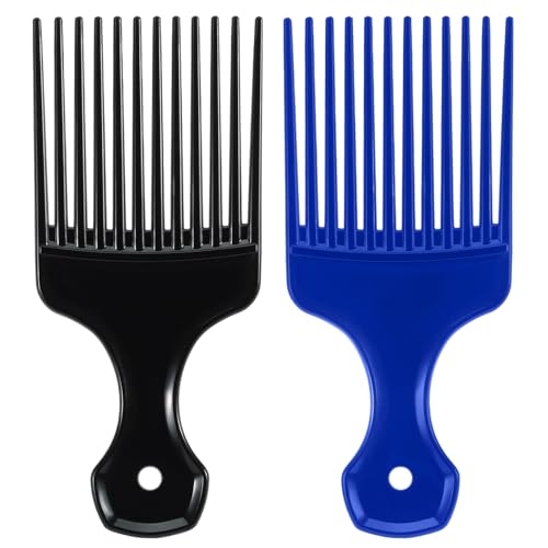 SIMPOR 2 Pcs Hair Pick Comb Wide Tooth Lift for Hair Styling Detangling, Plastic Afro Pick for Women Men, Fist Picks for Curly and Afro Hair (Black, Blue)