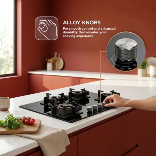Image of Glen 4 Burner XL Auto Ignition Glass Hob | 2 Triple Ring Forged Brass Burners | Built-in Gas Hob | Toughened Black Glass | 2 Years Standard Warranty & 5 Years Warranty | BH1094XLDFHT2TR