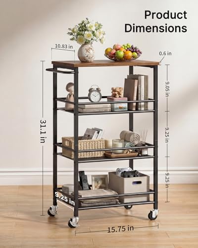 Pipishell Laundry Storage Cart with Wheels, Handle & Wood Top, Metal 4 Tier - image 6