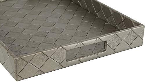 Faux Leather Rectangular Elegant Food Serving Tray with Handles for Ottoman Restaurant Home, Silver Grey, 16.2 x 12.2 x 2 inches
