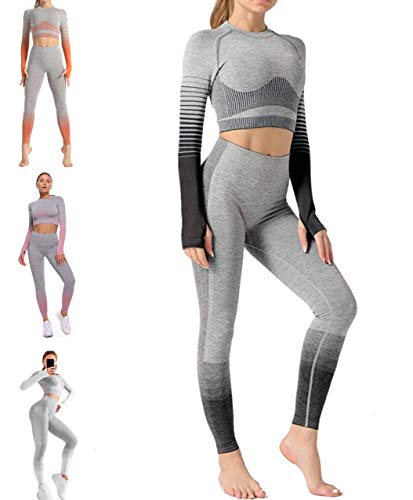 CrisKat Conjunto de Ropa Deportiva para Mujer Top de Running de Manga Corta de 2 Piezas Pantalones de Cintura Alta Yoga Gym Wear (Gris Oscuro, S)