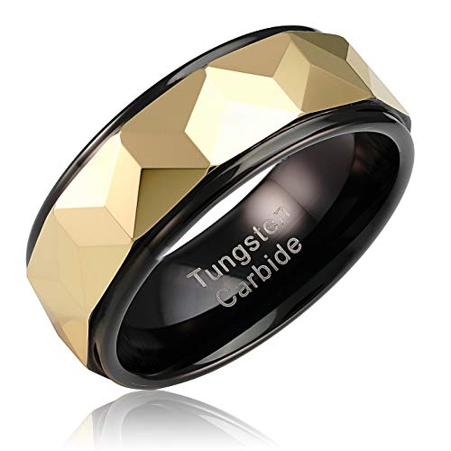 100S JEWELRY Personalized Engraved Tungsten Rings for Men Women Wedding Band Gold Faceted Black Step Edge Sizes 6-16 (Custom Text Engraving, 9.5)