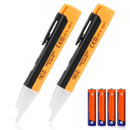 2PCS Voltage Tester Pen, Non Contact Electric Tester Pen Range 90V to 1000V AC Voltage Pens with Led Flashlight and Buzzer Alarm Voltages Detector Breakpoint Finder Live Wire Tester (with Baterry)