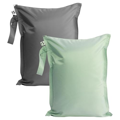 Image of Tiny Twinkle Mess Proof Wet Bags | 2-Pack Reusable Waterproof Wet Bags for Swimsuits | Baby Clothes | Travel & Diaper Bag (Sage, Charcoal)