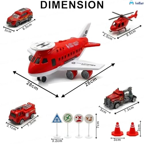 Image of FunBlast Fire Rescue Airplane Toy Set - Big Aircraft with 4 Fire Vehicles, Helicopter, Road Signs & Cones, DIY Firefighter Playset for Kids, Educational Role Play Toy for Boys & Girls (Red)