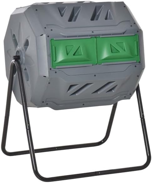 43 Gallon Dual Chamber Compost Tumbler, 360° Rotating Outdoor Garden Composter Bin with Sliding Doors, Large Aerating Compost Barrel with Sturdy Steel Stand for Kitchen & Yard Waste Recycling (Black)