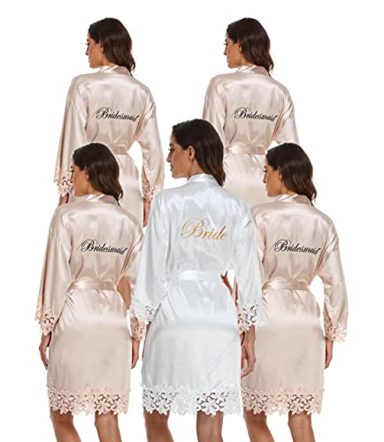 5 Pcs Women's Lace Trim Kimono Robes Bride Bridesmaid Silky Satin Bathrobe with Embroidered Wedding Party Sleepwear3