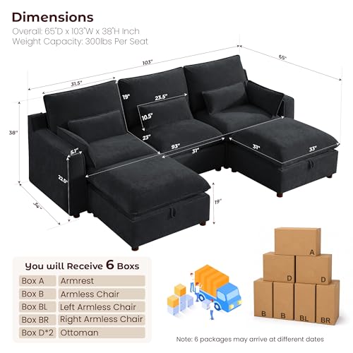 Image of WorthFurni Modern Modular Sectional Sofa,103 inch U Shape Minimalist Couch with Storage Ottoman,Comfty 4 Seat Sofa for Living Room,Black Chenille