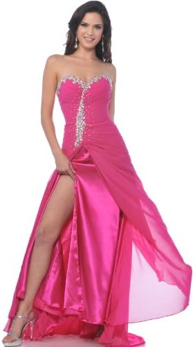 Sung Boutique Women's Strapless Sweetheart Chiffon Prom Dress with Slit 6 Hot Pink
