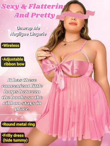 Image of GirlFriend Women Babydoll Lingerie Plus Size Net Chemise Front Ribbon Halter Nightwear Teddy Nightgown Babydoll Lingerie Female Wedding Nightgown for Honeymoon and Anniversary