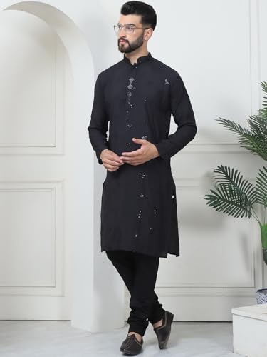 Image of SOJANYA (Since 1958 Men's Cotton Silk Sequinned Neck Embroidered Kurta with Black Pyjama