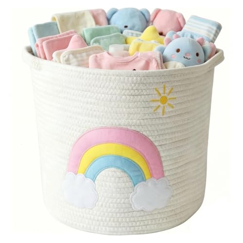Image of Toy Storage Baskets Woven Cotton Rope Storage Basket Kids Blanket Baskets for Living Room, Toys Organizer with Colorful Rainbow Decor, Baby Basket for Laundry Nursery Playroom