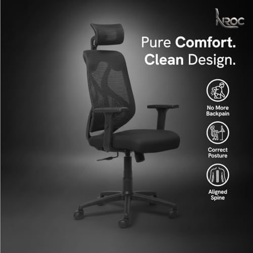 Image of NROC Metal Mesh Back Executive Office Chair - Ergonomic Design with Adjustable Height, Durable and Breathable Seating for Office Work | 64x 61x119 cm | (Black)