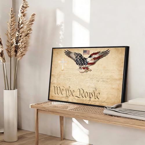 Image of American Flag Framed Canvas Wall Art, 4th of July Red White Blue Canvas Prints, USA Flag with Bald Eagle Patriotic Decorations, Vintage Independence Day Wall Decor for Bedroom Living Room 20x24