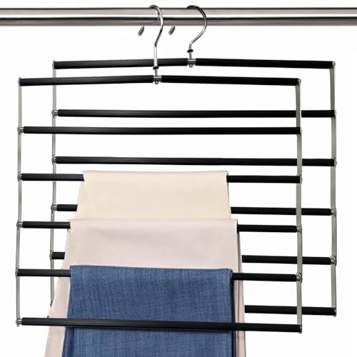 Loputon Grucce salvaspazio per pantaloni, 5 ripiani, pieghevoli, da viaggio, organizer per pantaloni, sciarpe, jeans, vestiti, asciugamani, colore nero (2 pezzi)